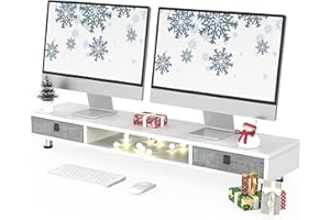 Fenge Supporto per Doppio Monitor con 2 Cassetti, Supporto per Monitor in Legno con Altezza Regolabile per PC/Laptop/stampante 108x23,5x15,2cm Bianco