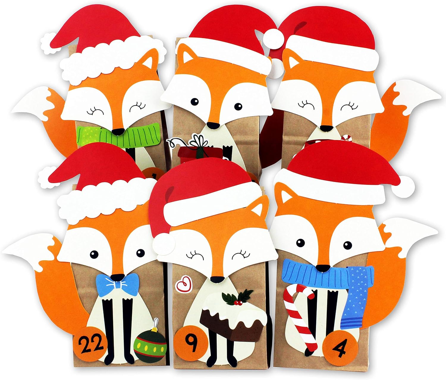 Papierdrachen Calendario de adviento DIY para Rellenar - Zorros troquelados - con 24 Bolsas de Papel marrón para Rellenar tú Mismo y Hacerlo tú Mismo - Navidad 2021 para niños.