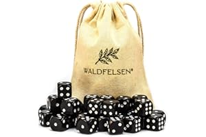 Waldfelsen 6, 12, 20, 30 oder 50 hochqualitative Würfel Standardgröße 16 mm Acrylwürfel Knobel Spielwürfel Dice 6-seitig sechsseitig Spielzubehör Set mit Stoffbeutel (Schwarz, 30 Stück)