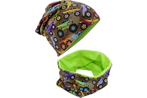HECKBO Ensemble bonnet beanie et tour de cou pour enfants – intérieur en polaire ou jersey (réversible) – unisexe filles/garçons – 95% coton – pour l’automne, le printemps et l’hiver