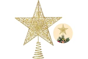 DTYDECLE Christmas Tree Star Topper, Xmas Glittered Gold Hollow Star Treetop Toppers Ornaments for Indoor Christmas Tree Decoration