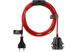 Hoopzi - Fil électrique en Tissu de 4,5M pour Éclairer Partout Chez Vous - Douille Ampoule E27 avec Interrupteur - Créez Votre Suspension Luminaire, Baladeuse, Lampe Suspendue - Bala Rouge