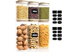 AOOTE Tarros De Bote Cristal Con Tapa,6 Pcs 1000ml/600ml Tarros de Vidrio Cocina Almacenaje con 2 pegatinas,Aptos para Lavavajillas,Botes Hermeticos Cristal para Especias,Té,Cereales,Nuez,Harina