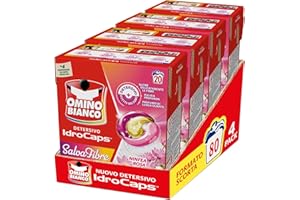 Omino Bianco Idrocaps - Detersivo Lavatrice in Capsule Salva Fibre, 80 Lavaggi, Efficace a Basse Temperature, Profumo Ninfea Rosa, 20 Caps x 4 Confezioni