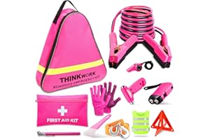 THINKWORK Car Emergency Kit for Teen Girl and Lady's Gifts, Pink Emergency Roadside Assistance kit with 10FT Jumper, First Aid Kit, Safety Hammer, Tow Rope, and More Pink Car Accessories Tool