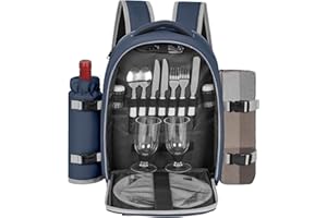 FREEAMG Picnic Backpack for 2 Person with 2 Insulated Leakproof Cooler Compartments, Large Picnic Bag with Cutlery Sets and Blanket, Picnic Basket Backpack for Camping, Hiking, BBQs (Navy Blue)
