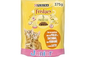 PURINA FRISKIES 5 Promesse Crocchette per Gatti Adulti con Pollo, Tacchino, Latte e Verdure 12 Sacchi da 375g