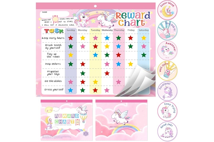 Magnetic Reward Chart for Kids at Home, Behavior Chart Pad with 26 Chore Charts, 1680 Star Stickers, 84 Motivational Stickers to Motivate Responsibility & Good Habits (Unicorn)