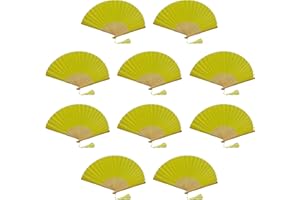 FANSOF.FANS Paquete de 10 abanicos de tela de mano con borla, varillas de bambú de grado A, recuerdo de boda (amarillo limón)