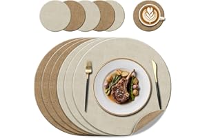 KERYCHIN 6 Round Washable Leather Place mats(38cm) and 6 Coasters(10cm) Set, Heat Resistant 212 °F, Non-Slip and wipeable, Easy to Clean for Restaurant, Dining Room, Kitchen, Hotel, (Beige/Cream)