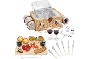 BIRDSINYARD Picknickkorb-Set mit Mini-Klapptisch und Besteck-Set, Picknickkorb für 2 Personen mit kühltaschen, Flechtkorb mit Henkel, Weidenkorb Geschenkset für Picknick Camping Outdoor Party (Kirsche)