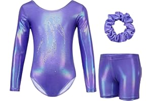 Gogokids Mädchen Dreiteilige Gymnastikanzüge, Langärmliges Gymnastik Set mit Shorts und Haarband, Glitzernde Balletteinheitstrikots - Gymnastik Outfit mit Farbverlaufdesign für 3-12 Jahre