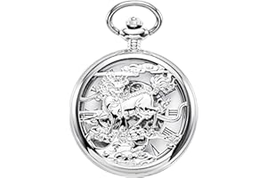 TREEWETO Antique Mécanique Montre de Poche Chanceux Dragon & Phoenix voeux Cadran Squelette avec chaîne pour Les Hommes Femmes + Coffret