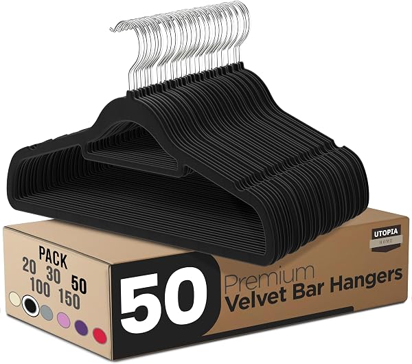 Utopia Home Perchas de Terciopelo - Perchas para Trajes de Terciopelo con Tie Bar - Antideslizantes (Negro, Paquete de 50) - 1