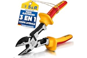 S&R Pince d'Électricien Isolée VDE 1000V - Pince Coupante Diagonale Coupe-Cable Multifonction (coupe, dénudage et sertissage) – Outil à dégainer et sértir en acier 60CrV - 220 mm