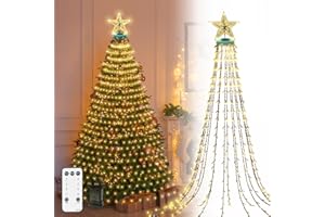 CORST Lampki choinkowe z gwiazdą, 2,5 m, 400 LED, na zewnątrz, łańcuch świetlny na choinkę, kurtyna z pilotem czasowym, wodoodporna, na Boże Narodzenie, dekoracja wnętrz, ciepła biel