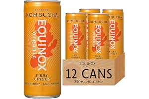 Equinox Kombucha Fiery Ginger (12 x 250ml) | Brewed in UK with SCOBY, Green Tea & Raw Cane Sugar | Sparkling Live Cultured Probiotic Drink for Gut Health | No Sweeteners & 100% Natural