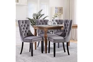 SoarFlash Ensemble de 4 Chaises de Salle à Manger en Velours, avec Dossier à Ailes tapissé, piquetage à Boutons, Garniture rivetée, Anneau décoratif de Dossier et Jambes en Bois, Gris