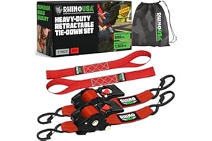 ‎RHINO USA Rhino USA Selbstaufrollende Spanngurte (2er-Pack) - 5cm x 3m (1,360kg Bruchfestigkeit) - Hochleistungs-Automatik-Spanngurte für LKW, Anhänger, Motorrad, Fahrrad & Mehr - Rot
