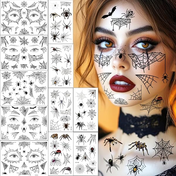 Halloween Spinnen-Tattoos – 10 Blätter, Schwarz, Wasserfest, Für Gesicht & Körper, Grusel-Make-up