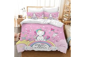 AVJWWD Set di Biancheria da Letto per Bambini, in Microfibra, con Motivo a Unicorno, con Stampa 3D, 3 Pezzi, con Chiusura a Strappo, Morbido per Ragazze (C, 135x200cm)