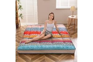 MAXYOYO Bohemian Retro Floor Mattress Vintage Floral Japanese Futon Mattress Roll Up Thicken Sleeping Bed Portable Camping Mattress Floor Lounger Couch Bed Mattress Pad (Thick-Bohemian A, King)