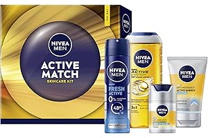‎NIVEA MEN NIVEA MEN Active Match Geschenkset, Geschenk für Männer, Geschenkbox mit Duschgel (250 ml), Deo Spray (150 ml), Feuchtigkeitspflege (50 ml) und Waschgel (100 ml)