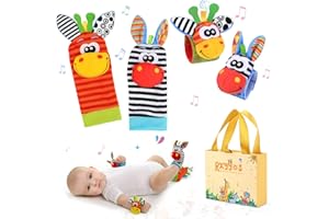 RXYYOS 4Pcs Bébé Poignet et Chaussettes Hochet Jouets Ensemble Poignet de Bell Strap hochets et Chaussettes Pied Finder Animal Bébé Chaussettes De Pied avec Jouet (Style 1)