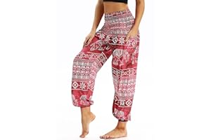 Nuofengkudu Femme Harem Pantalon Yoga Sarouel Legers Hippie Baggy Léger Ethnique Calqué Smockée Taille Haute avec Poches Été Plage