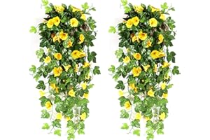 NIBESSER Fiori Finti Pendenti da Esterno Gloria Mattutina Fiori Artificiali Cadenti da Interno Pianta Finta per Decorazioni 2 Pezzi per Matrimonio Giardino Parete Balcone, Giallo