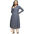 FIORRA Women's Floral Printed Navy Blue Cotton A-Line Kurta