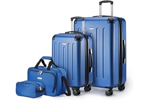 Amazon Basics Hartschalenkoffer-Set, 4-teiliges, Großer Koffer, Handgepäckkoffer, Tragetasche, Kompakte Reisetasche, Erweiterbar, 4 Spinner-Räder, Marineblau