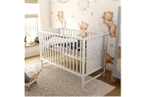 Generisch Baby Delux Babybett Kinderbett Mia weiß 60x120 mit Matratze mit Teddybären Motiv (Babybett mit Matratze)