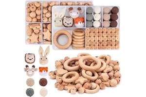PACKRA Holzperlen Holzringe Set, 322 Stück Beech holzperlen Rund Holzkugeln mit Loch zum Auffädeln, Buchstaben gehäkelt Holz Perlen für Makramee basteln DIY Schmuck Zubehör