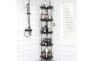 OriwarE Półka prysznicowa bez wiercenia, stojąca, z tworzywa sztucznego, metalowa, patchworkowa, regał magazynowy z 4 haczykami, odporny na rdzę, narożny regał prysznicowy, kolor czarny