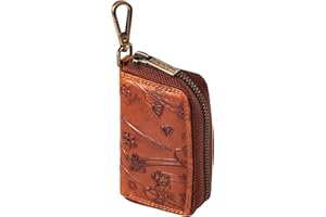 MATADOR Mini Pochette Rangement Sac pour Clef en Cuir Véritable | Etui à Clé avec Femeture Éclair YKK en Métal et Mousqueton | Porte Clés Protection Organiseur avec Boîte Cadeau Elegant Fleurs Marron