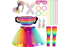 Aleshime 80s Fancy Dress Costumes Accessories for Women Girls, 1980s Fancy Party Costume Accessories Set Kits, Tutu Skirt Waist Bag Leg Warmers Necklaces Bracelet Fishnet Gloves Headband Earrings