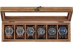 SONGMICS Watch Box with 6 Slots, Watch Case, Solid Wood Watch Box Organiser with Glass Lid, Watch Display Box with Removable Pillows, Gift Idea, Rustic Walnut JOW006K01