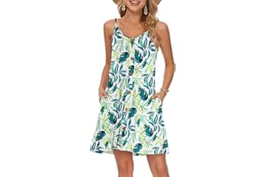 WNEEDU Abito Estivo Donna Vestito Spiaggia Cinturino Spaghetti Copricostume Abiti Casual Corto Prendisole con Scollo a V Tasche