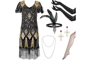 Okabay 1920s Flapper Dress & Accessories Set for Women, Great Gatsby Fringed Sequin Costume with Gloves/Socks/Headband/Jewellery for Roaring 20s Party