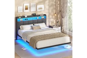 ‎AOGLLATI AOGLLATI Polsterbett 140x200 cm, Doppelbettgestell, Bettrahmen mit LED-Beleuchtung und Ladestation, Bettgestell mit Kopfteil, Bett Schwebebettrahmen, Metallbett, Leinen, Dunkelgrau (ohne Matratze)