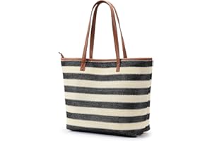 KALIDI Straw Tote Beach Bag Striped Shoulder Handbag Stitch Woven PU Leather Handle Zipper Closure Inner Pocket Travel Shopping Picnic