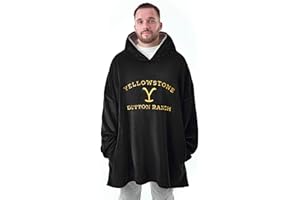 Y YELLOWSTONE Yellowstone Dutton Ranch Mens Wearable Blanket Hoodie | Adults Hooded Pullover Fleece in Black with Yellowstone Embroidered Logo | Sherpa Lined Loungewear with Pockets | American TV Series Merchandise