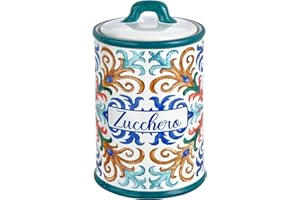 Baroni Home Barattolo Zucchero Decorato in Ceramica con Coperchio Ermetico, Accessorio da Cucina Colorato Resistente, Linea Capri, 11x11x17 cm