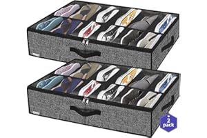 homyfort Lot de 2 Sac De Rangement pour Chaussures avec fenêtre Transparente - Organiseur à Chaussures pour Rangement 12 Compartiments boîte de Rangement sous Le lit, Noir Tissu en Lin, XAUBSB2P