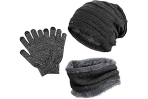 GIKPAL Stretchy Knitted Beanie Mütze Nackenwärmer mit Touchscreen Handschuhen,Unisex Winter Mütze Schal mit weicher Fleece-Innenseite und Handschuhe Set für Outdoor Sport Joggen Skifahren(Grau)