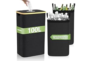 Hobubu Deposit Bottles Collection Container with Lid & 2 Removable Carry Bag, 100L Bottle Collector with Hole, Deposit Bottle Bin Large Deposit Bottles Storage for Kitchen and Storage Room (Black)