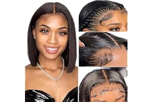MEGALOOK Pelucas Mujer Pelo Natural Bob Corto Para Mujer Peluca De Pelo Negro Recto 180% Density 16A Cabello virgen brasileño Con Pelo De Bebe Natural Wear and Go Pelucas Sin Pegamento