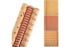 LLUOXI 3Rolls x 3M Christmas Wrapping Paper for Xmas Gift Wrap, 43cm x 3m Brown Kraft Gift Wrapping Paper, Recyclable Xmas Wrapper for Christmas Party Santa Claus Ornament Party New Year Festive Holiday