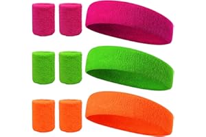 LAMEK 9pcs Headband and Wristbands Set Neon 80s Party Sweatbands Kit Sports Sweatband Head Band Wrist Bands Set for Kids Women Men Fun Run Fancy Dress Costume World Book Boy Girl Costume Accessories